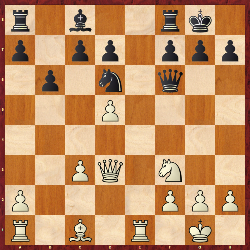 Диаграмма 10 (Итальянская партия) Диаграмма 10 - Позиция после 1.e4 e5 2.Kf3 Kc6 3.Cc4 Cc5 4.c3 Kf6 5.d4 ed 6.cd Cb4+ 7.Kc3 K:e4 8.0-0 C:c3 9.d5 Ke5 10.bc K:c4 11.Фd4 0-0 12.Ф:e4 Kd6 13.Фd3 Фf6 14.Лe1 b6