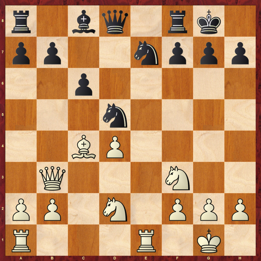 Диаграмма 12 (Итальянская партия) Диаграмма 12 - Позиция после 1.e4 e5 2.Kf3 Kc6 3.Cc4 Cc5 4.c3 Kf6 5.d4 ed 6.cd Cb4+ 7.Cd2 C:d2 8.Kb:d2 d5! 9.ed K:d5 10.Фb3 Kce7 11.0-0 0-0 12.Лfe1 c6