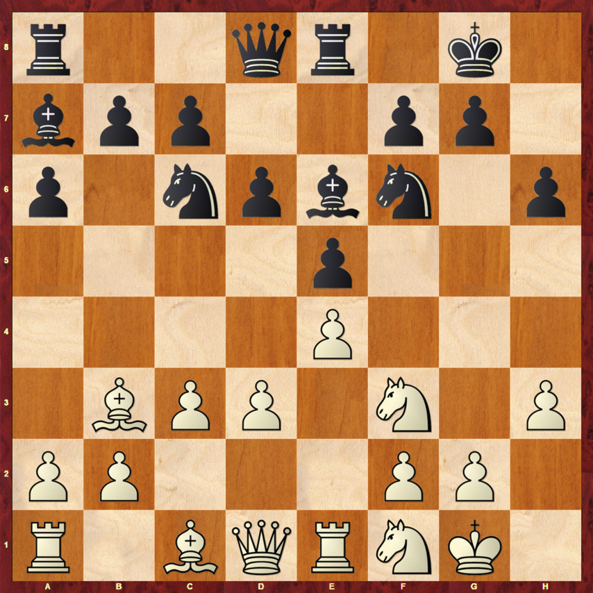 Диаграмма 14 (Итальянская партия) Диаграмма 14 - Позиция после 1.e4 e5 2.Kf3 Kc6 3.Cc4 Cc5 4.c3 Kf6 5.d3 d6 6.0-0 a6 7.Сb3 Сa7 8.Кbd2 0-0 9.h3 h6 10.Лe1 Лe8 11.Kf1 Ce6