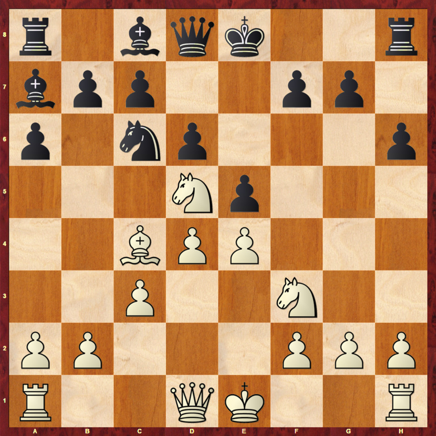 Диаграмма 16 (Итальянская партия) Диаграмма 16 - Позиция после 1.e4 e5 2.Kf3 Kc6 3.Cc4 Cc5 4.Kc3 Kf6 5.d3 d6 6.Cg5 h6 7.C:f6 Ф:f6 8.Кd5 Фd8 9.c3 a6 10.d4 Сa7