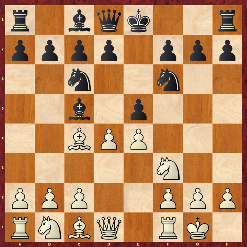 Диаграмма 17 (Итальянская партия) Диаграмма 17 - Вариант 1.e4 e5 2.Kf3 Kc6 3.Cc4 Cc5 4.0-0 Kf6 5.d4