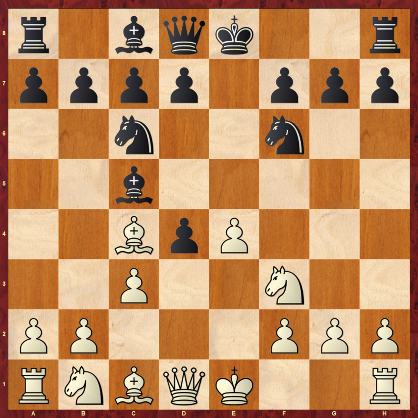 Диаграмма 4 (Итальянская партия) Диаграмма 4 - Вариант 1.e4 e5 2.Kf3 Kc6 3.Cc4 Cc5 4.c3 Kf6 5.d4 ed
