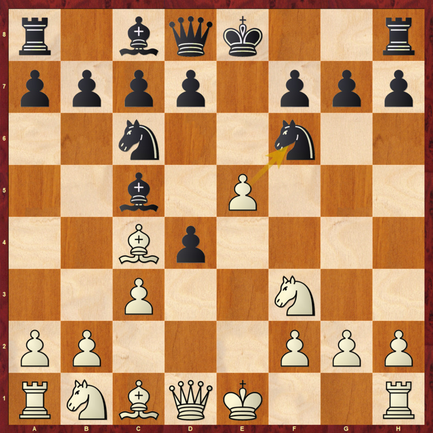 Диаграмма 5 (Итальянская партия) Диаграмма 5 - Вариант 1.e4 e5 2.Kf3 Kc6 3.Cc4 Cc5 4.c3 Kf6 5.d4 ed 6.e5