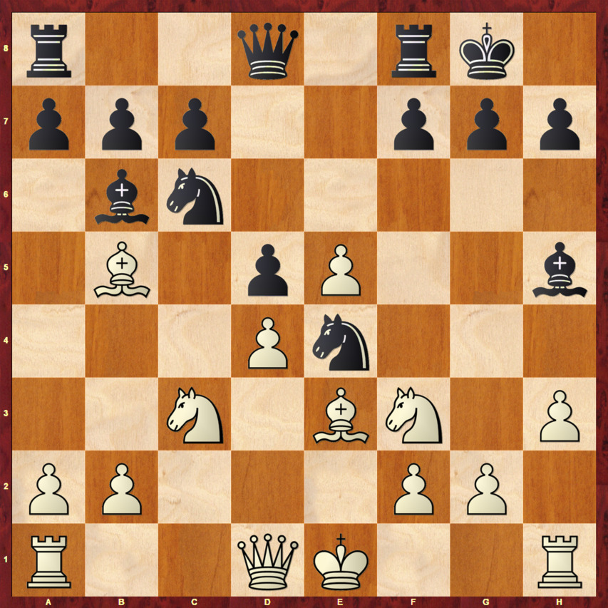 Диаграмма 6 (Итальянская партия) Диаграмма 6 - Позиция после 1.e4 e5 2.Kf3 Kc6 3.Cc4 Cc5 4.c3 Kf6 5.d4 ed 6.е5 d5! 7.Cb5 Ke4 8.c4 Cb6 9.Kc3 0-0 10.Ce3 Cg4 11.h3 Ch5