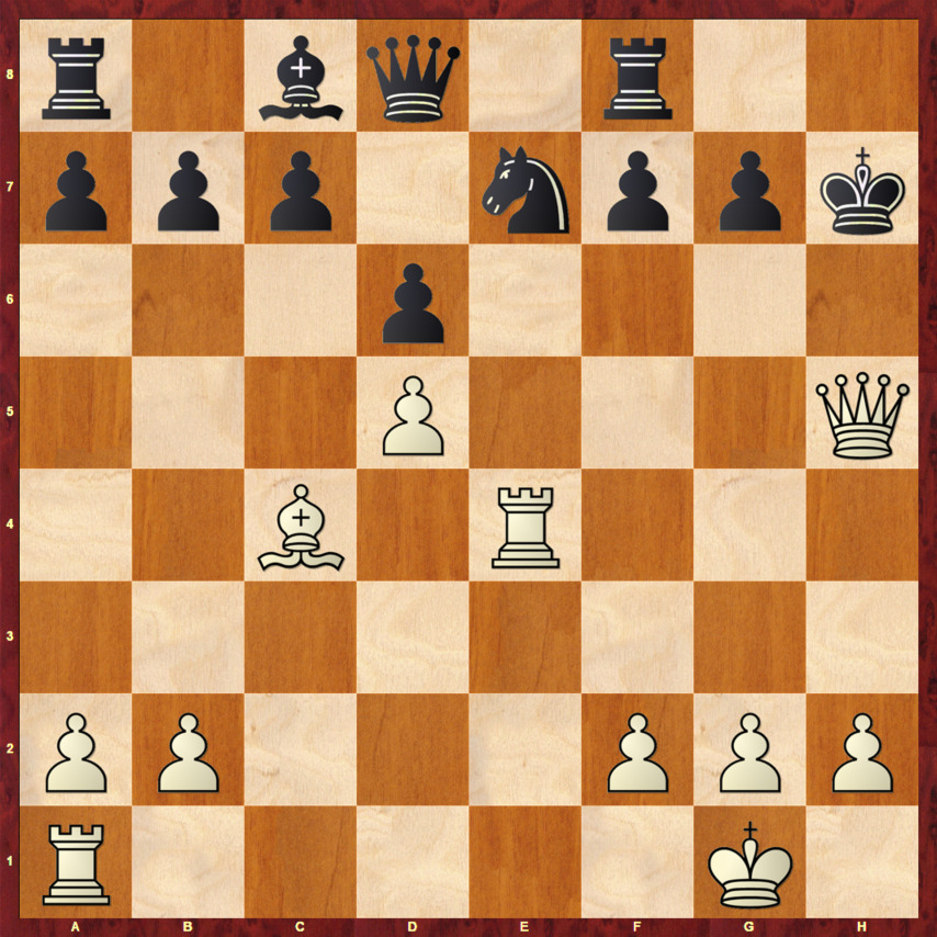 Диаграмма 9 (Итальянская партия) Диаграмма 9 - Позиция после 1.e4 e5 2.Kf3 Kc6 3.Cc4 Cc5 4.c3 Kf6 5.d4 ed 6.cd Cb4+ 7.Kc3 K:e4 8.0-0 C:c3 9.d5 Cf6 10.Лe1 Ke7 11.Л:e4 d6 12.Сg5 C:g5 13.K:g5 0-0 14.К:h7 Кр:h7 15.Фh5+